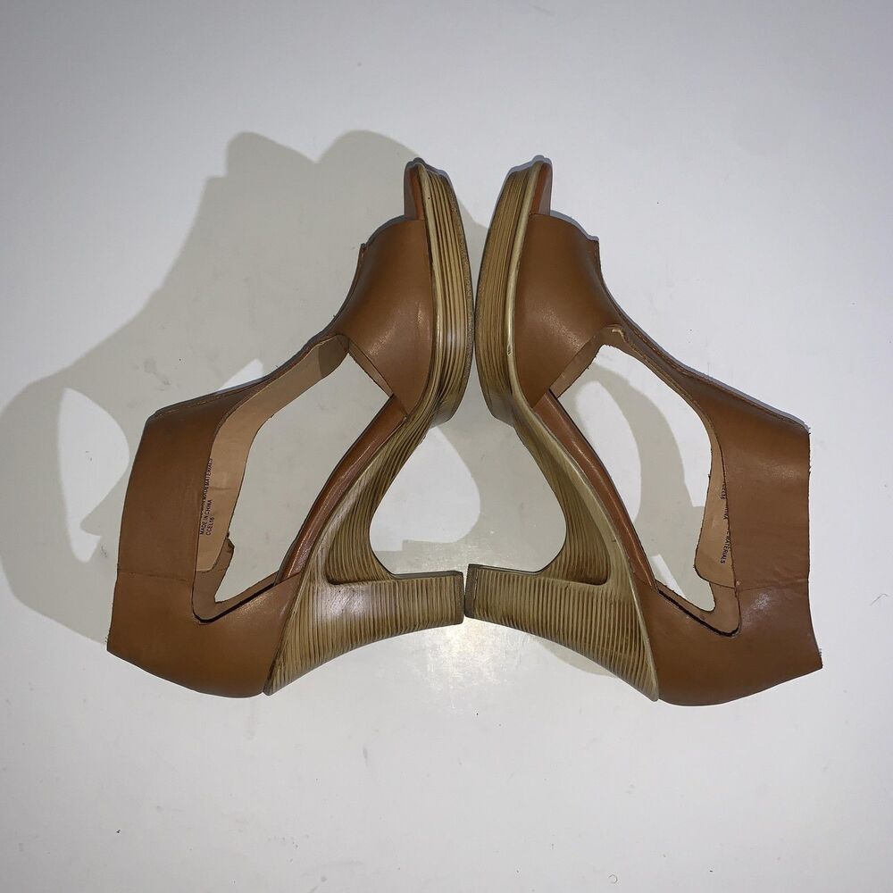 Sofft Heels Womens Size 9.5 Brown Leather Peep Toe T Strap Sandals Shoes - Picture 6 of 8